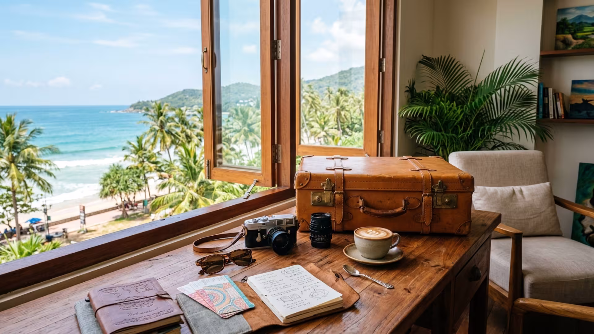 Mesa de atendimento e consultoria de viagens com mala e vista para praia tropical